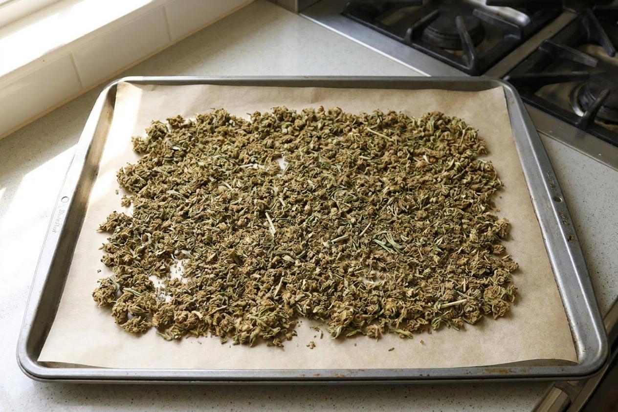 Roughly ground dried cannabis spread in an even layer on parchment paper atop a rimmed baking sheet