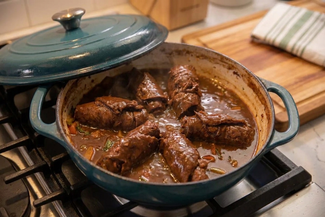 Rouladen braising in a Dutch oven with the lid partially on and the rolls sitting in a shallow layer of broth