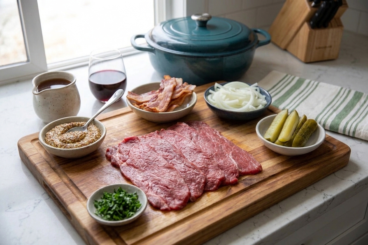 Rouladen ingredients laid out on a kitchen counter including thin beef slices, bacon, onion, dill pickles, mustard, beef broth, red wine, and herbs in small bowls