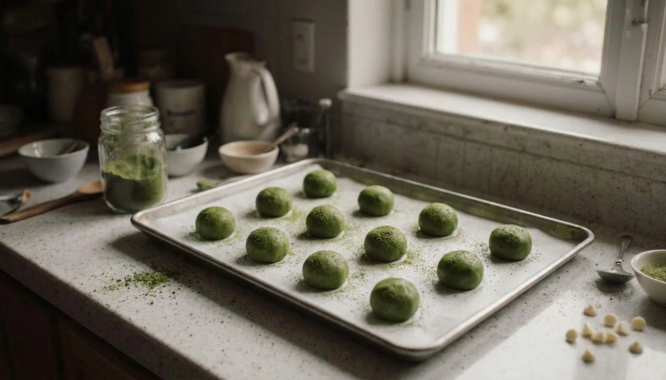 Round balls of green matcha cookie dough spaced on a parchment-lined baking sheet on a kitchen counter