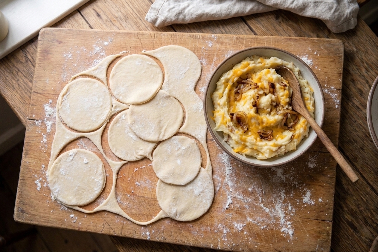 Round dough circles arranged on a floured wooden board with a small bowl of filling nearby