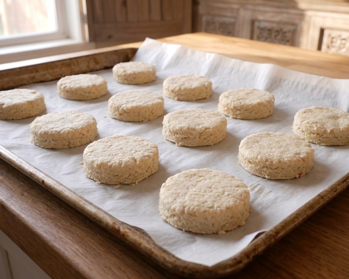 Round gluten free biscuit dough pieces cut and arranged on parchment paper on a baking sheet on a kitchen counter