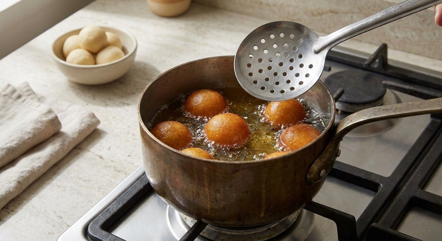 Round gulab jamun balls frying in a small deep saucepan of oil, gently bubbling, with a slotted spoon hovering above
