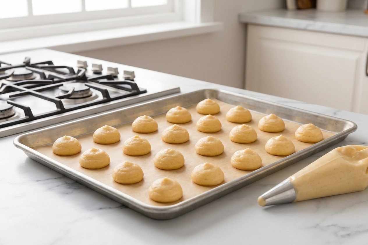 Round mounds of choux pastry piped onto a parchment-lined baking sheet on a kitchen counter