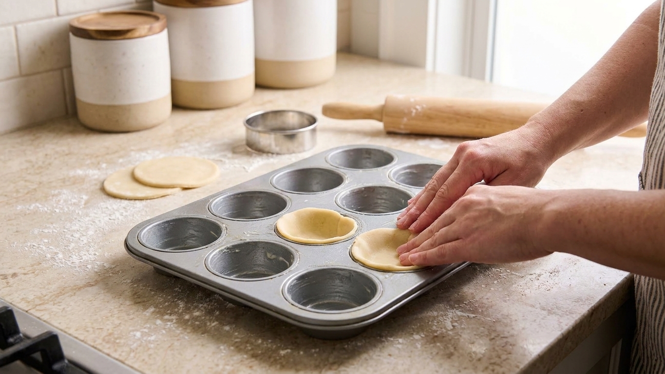 Round pie dough circles being pressed into a greased standard muffin tin on a kitchen counter