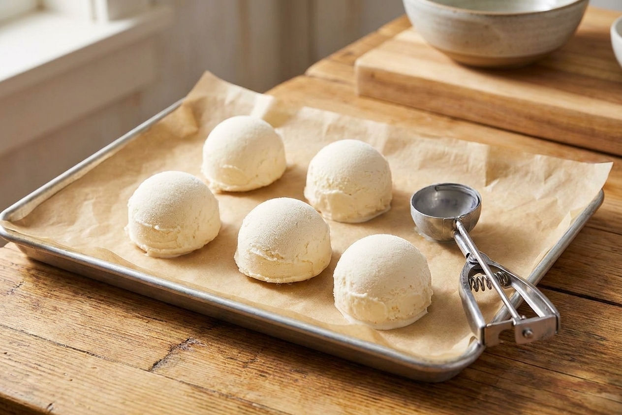 Round scoops of vanilla ice cream on a parchment-lined baking sheet ready to go into the freezer