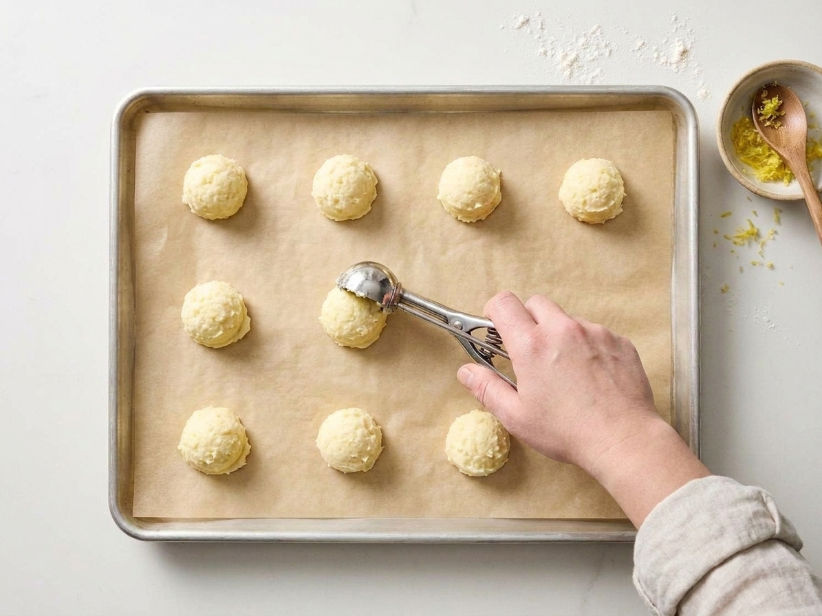 Rounded scoops of ricotta cookie dough spaced out on a parchment-lined baking sheet