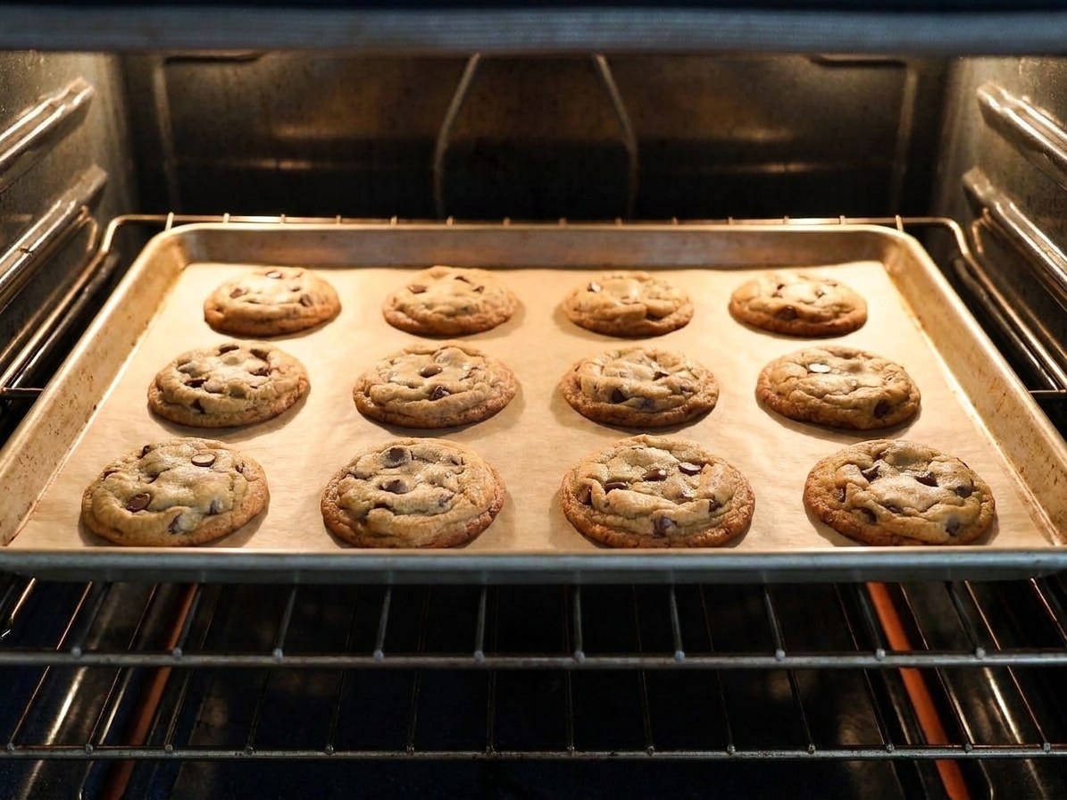Rounds of chocolate chip cookie dough baking on a parchment lined baking sheet in the oven
