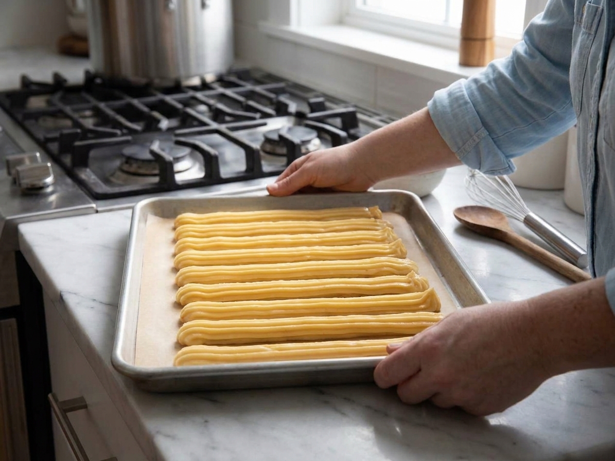 Rows of piped choux pastry logs on a parchment-lined baking sheet before baking