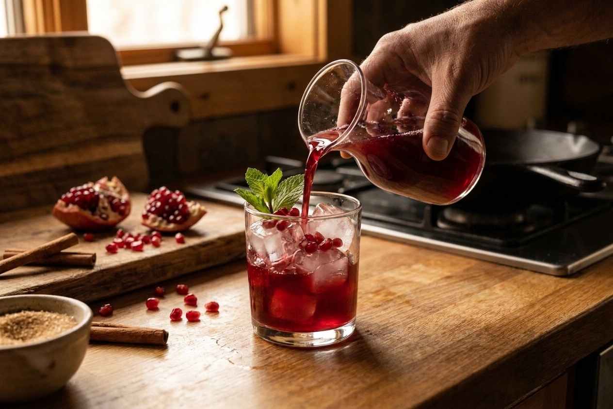 Ruby-red pomegranate mocktail being poured from a small pitcher into an ice-filled glass on a wooden counter, close-up action shot