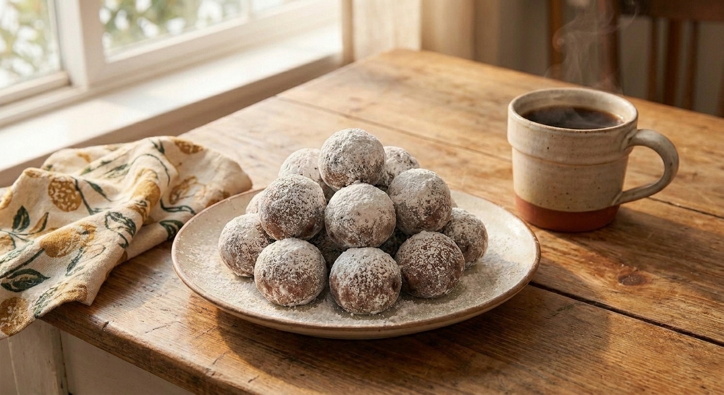 Rum balls dusted with powdered sugar arranged on a small serving platter with a mug of coffee on a wooden table