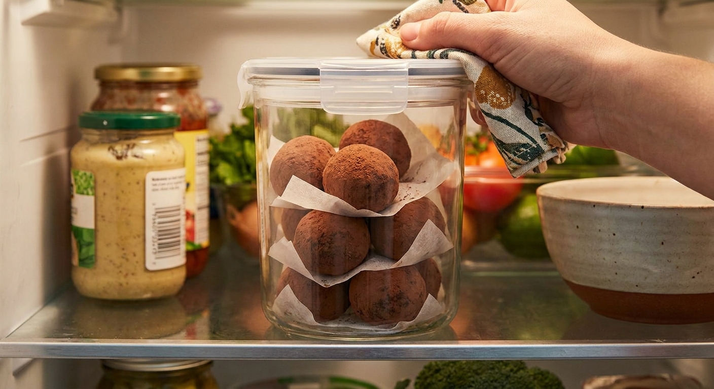 Rum balls stacked in an airtight container with parchment paper between layers on a refrigerator shelf