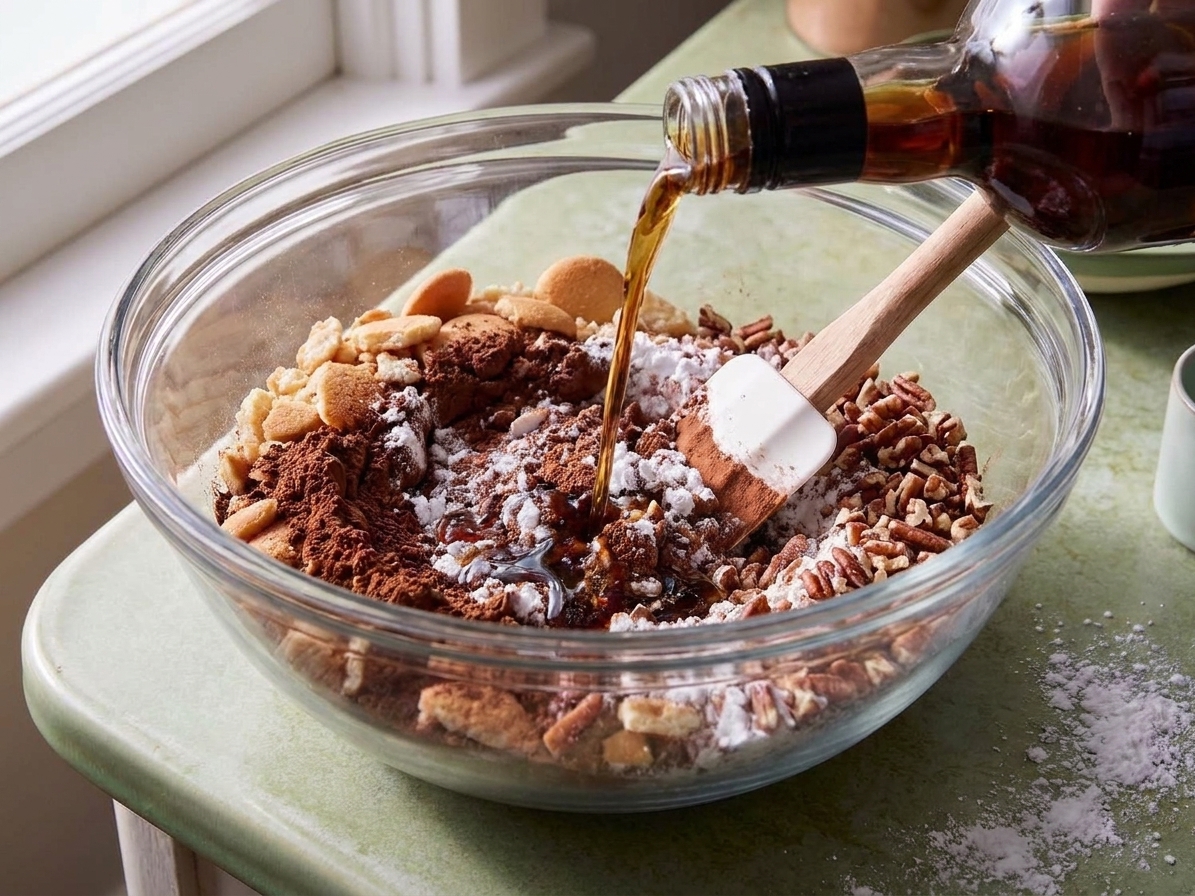 Rum being poured into a bowl of chocolate cookie crumbs and nuts with a spatula resting on the rim on a kitchen counter