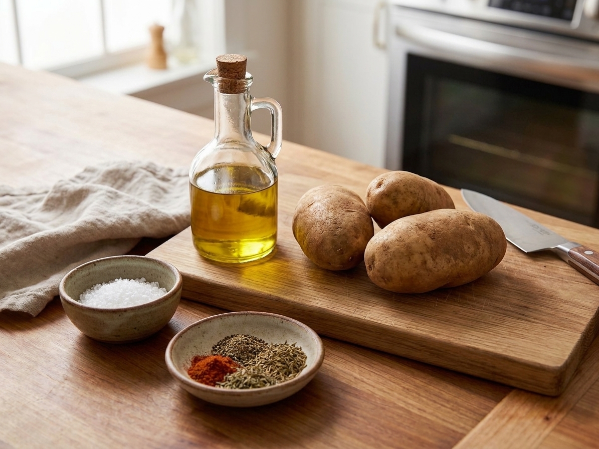 Russet potatoes, a bottle of olive oil, kosher salt, and spices arranged on a clean kitchen counter with warm natural light