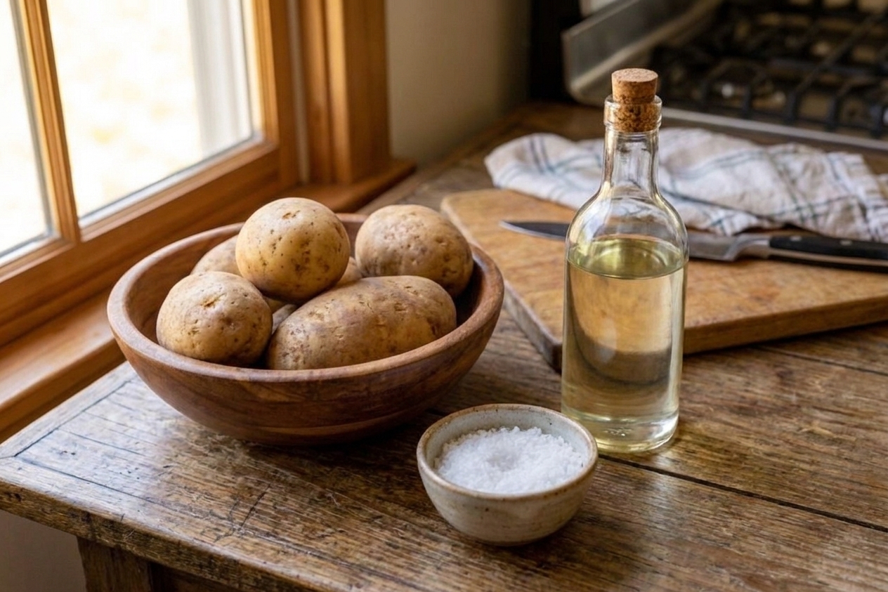Russet potatoes, a bowl of salt, and a small bottle of neutral oil arranged on a kitchen counter