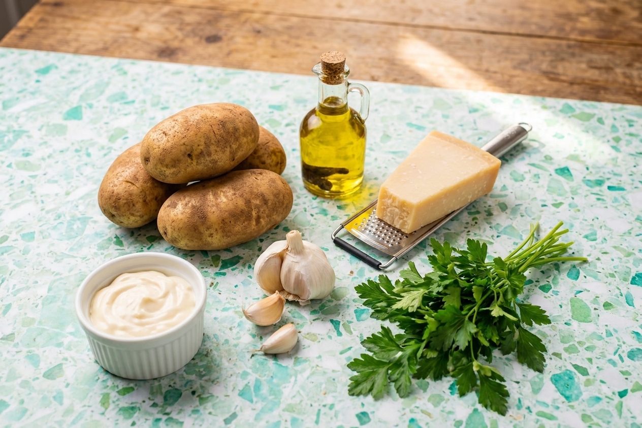 Russet potatoes, a small bottle of truffle oil, a wedge of Parmesan, garlic, parsley, and a bowl of mayonnaise arranged on a bright kitchen counter