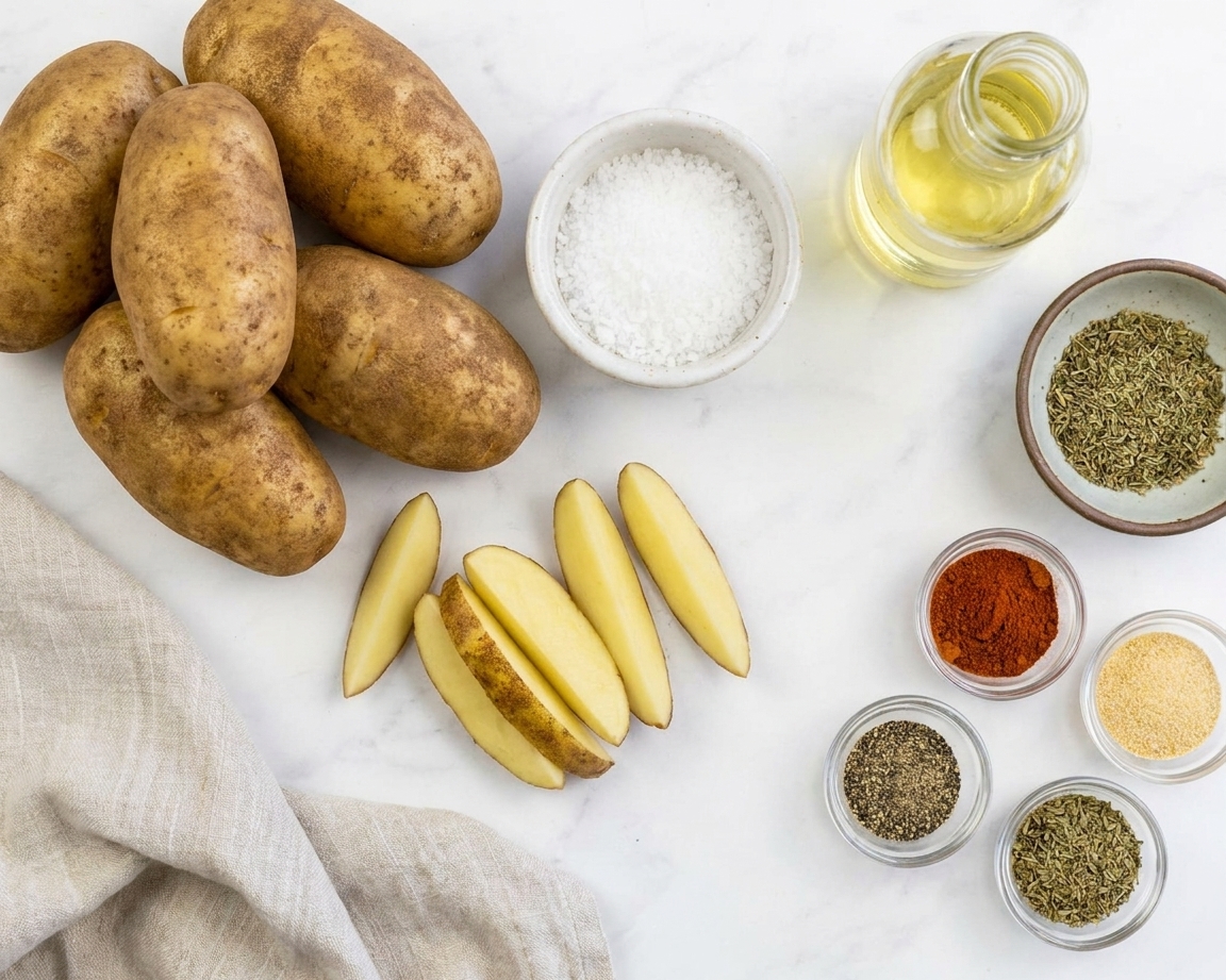 Russet potatoes, a small bowl of salt, a bottle of neutral oil, and spices arranged on a clean kitchen counter in natural light