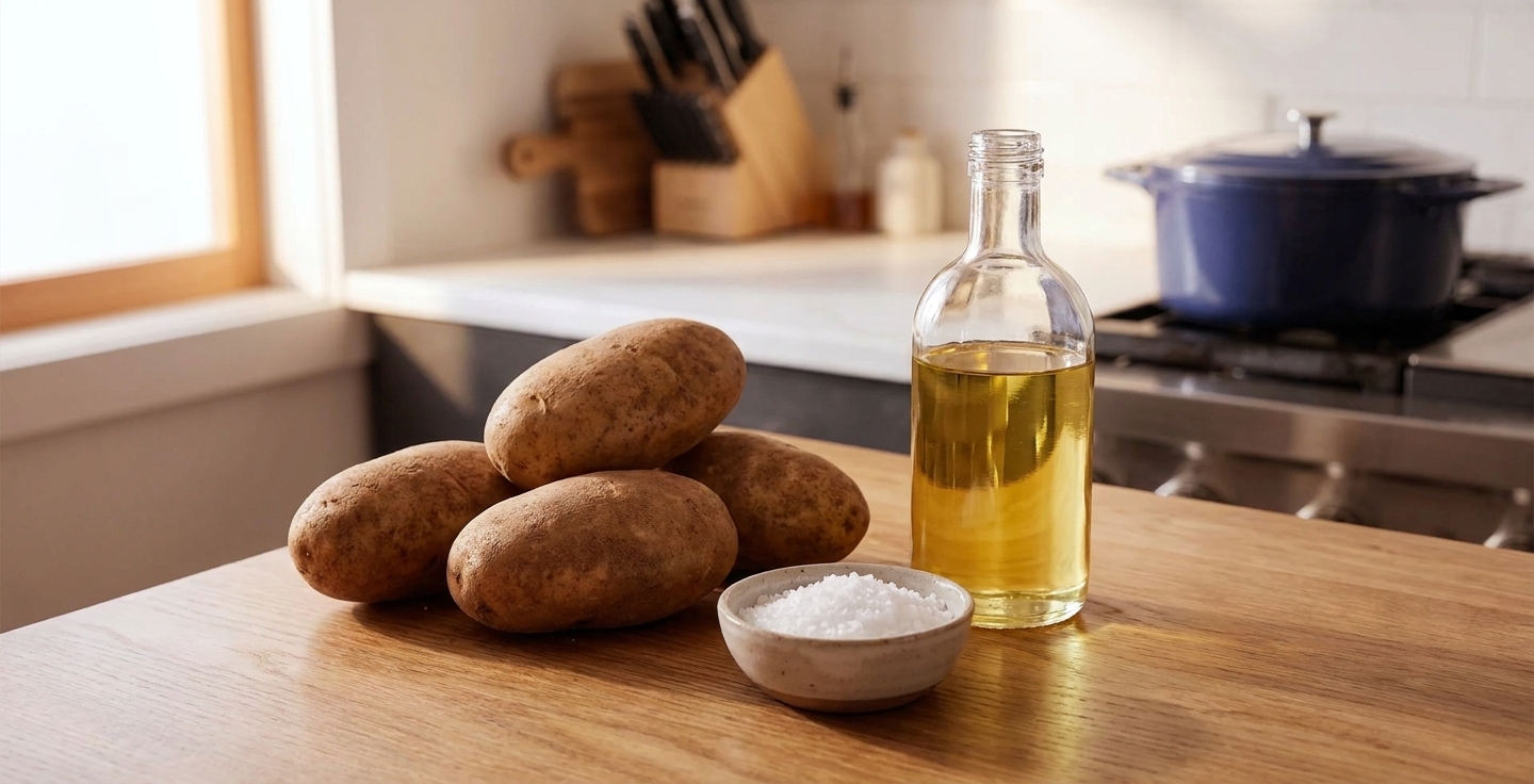 Russet potatoes, a small bowl of salt, and a bottle of neutral frying oil arranged on a bright kitchen counter