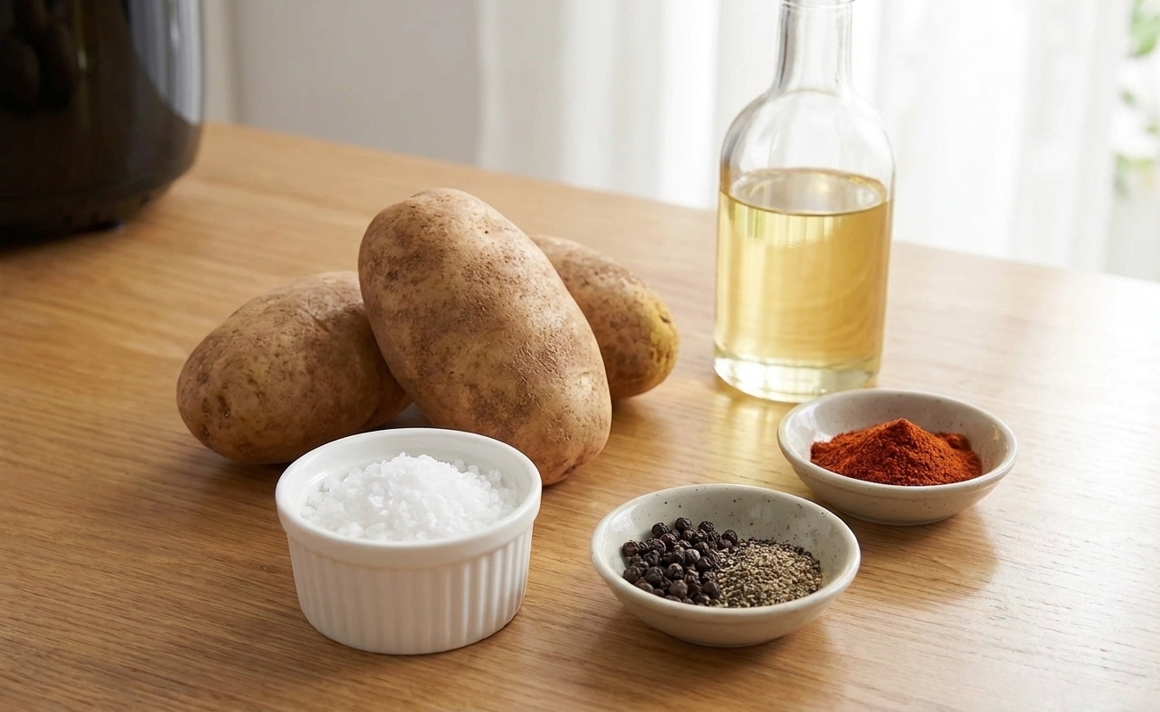 Russet potatoes, a small bowl of salt, black pepper, paprika, and a bottle of oil arranged on a clean kitchen counter in bright natural light