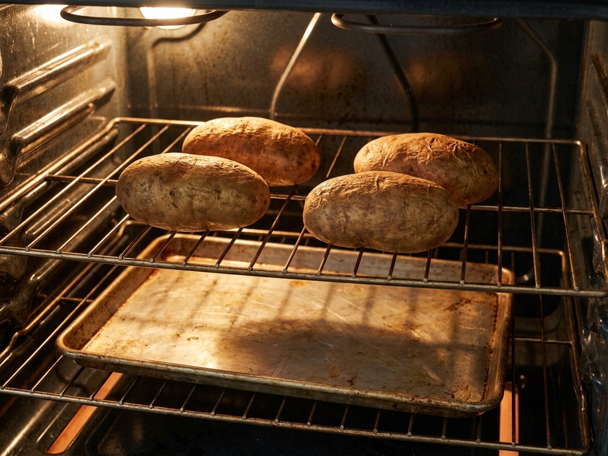 Russet potatoes baking directly on an oven rack with a sheet pan on the rack below