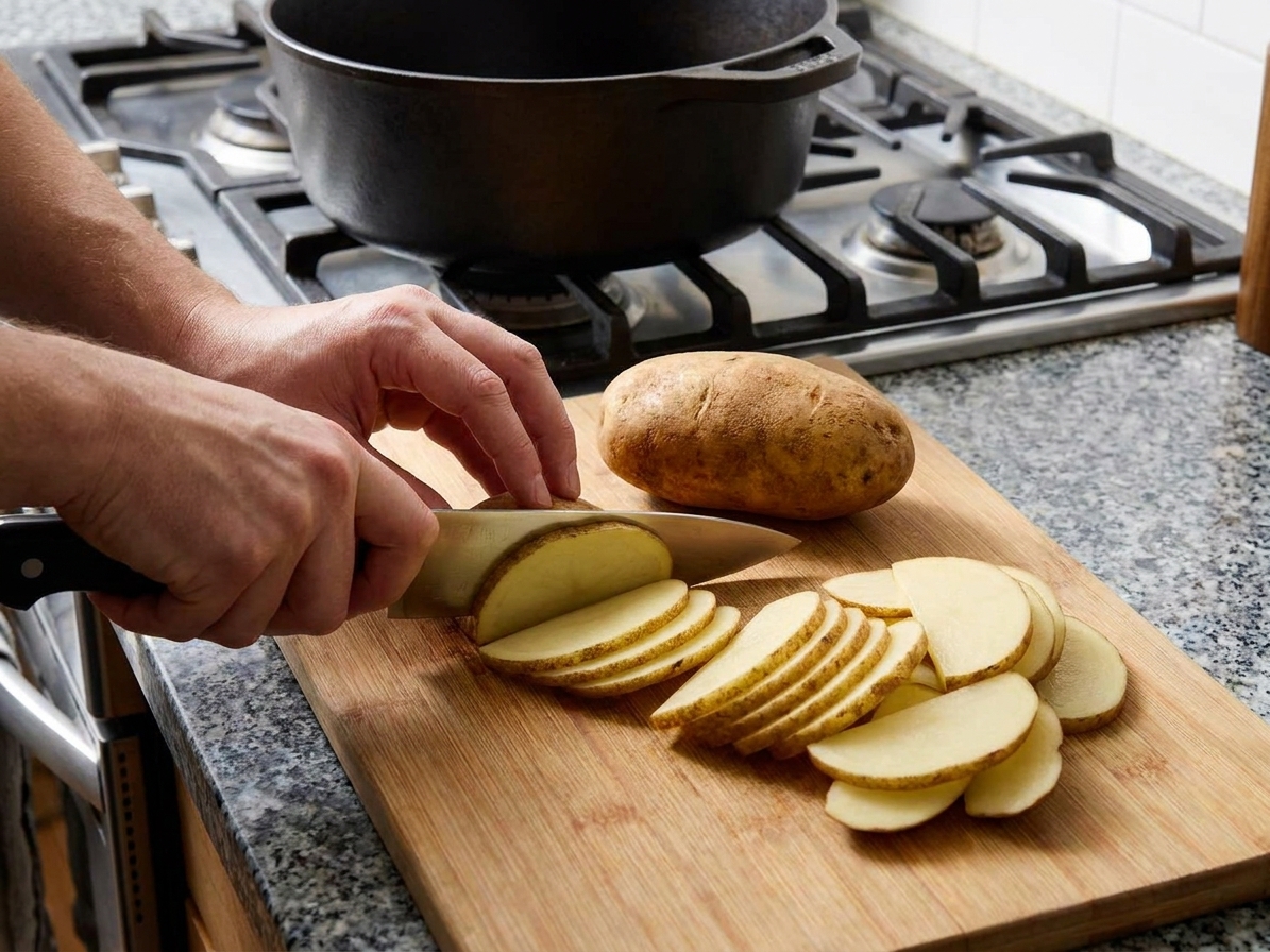 Russet potatoes being sliced into thin half-moons on a cutting board next to a Dutch oven on the stove