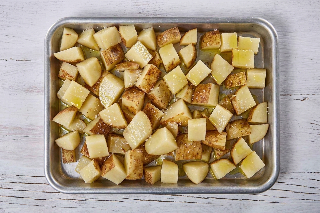 Russet potatoes coated with olive oil and sprinkled with kosher salt on a plate before baking