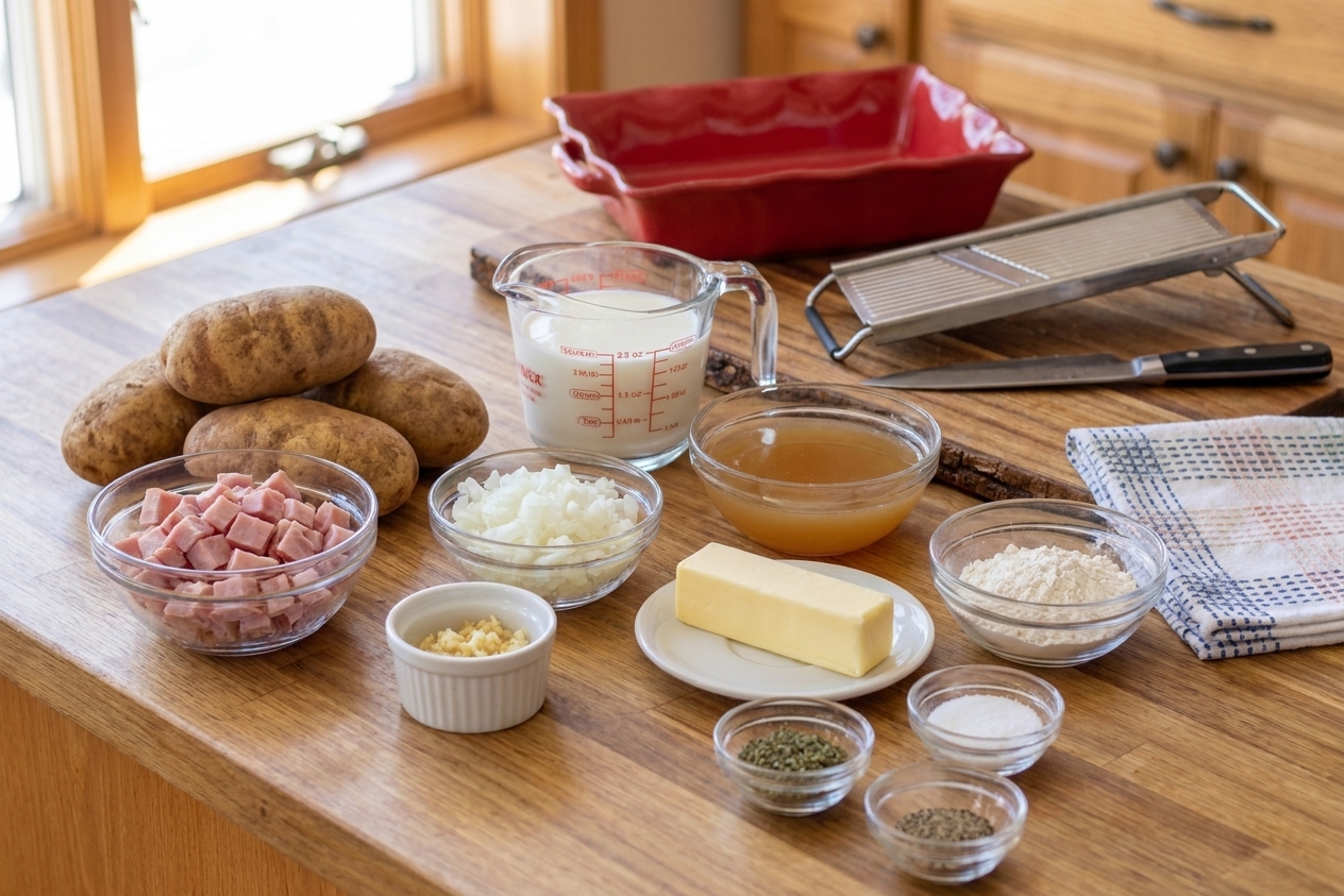 Russet potatoes, diced ham, onion, garlic, milk, broth, butter, flour, and seasonings arranged on a clean kitchen counter in soft natural light