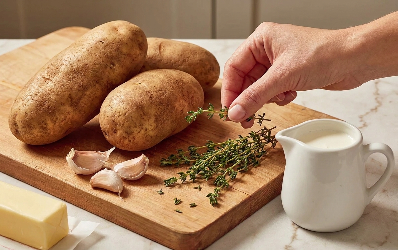 Russet potatoes, garlic, thyme, butter, and a small pitcher of cream arranged on a kitchen counter with warm natural light