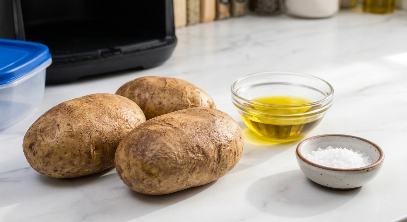 Russet potatoes on a kitchen counter next to a small bowl of olive oil and a pinch bowl of kosher salt, ready for baking