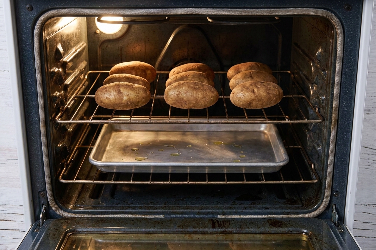 Russet potatoes placed directly on an oven rack with a sheet pan on the rack below to catch drips