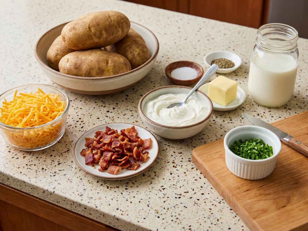 Russet potatoes, shredded cheddar, cooked bacon, sour cream, butter, milk, chives, and seasonings arranged on a kitchen counter