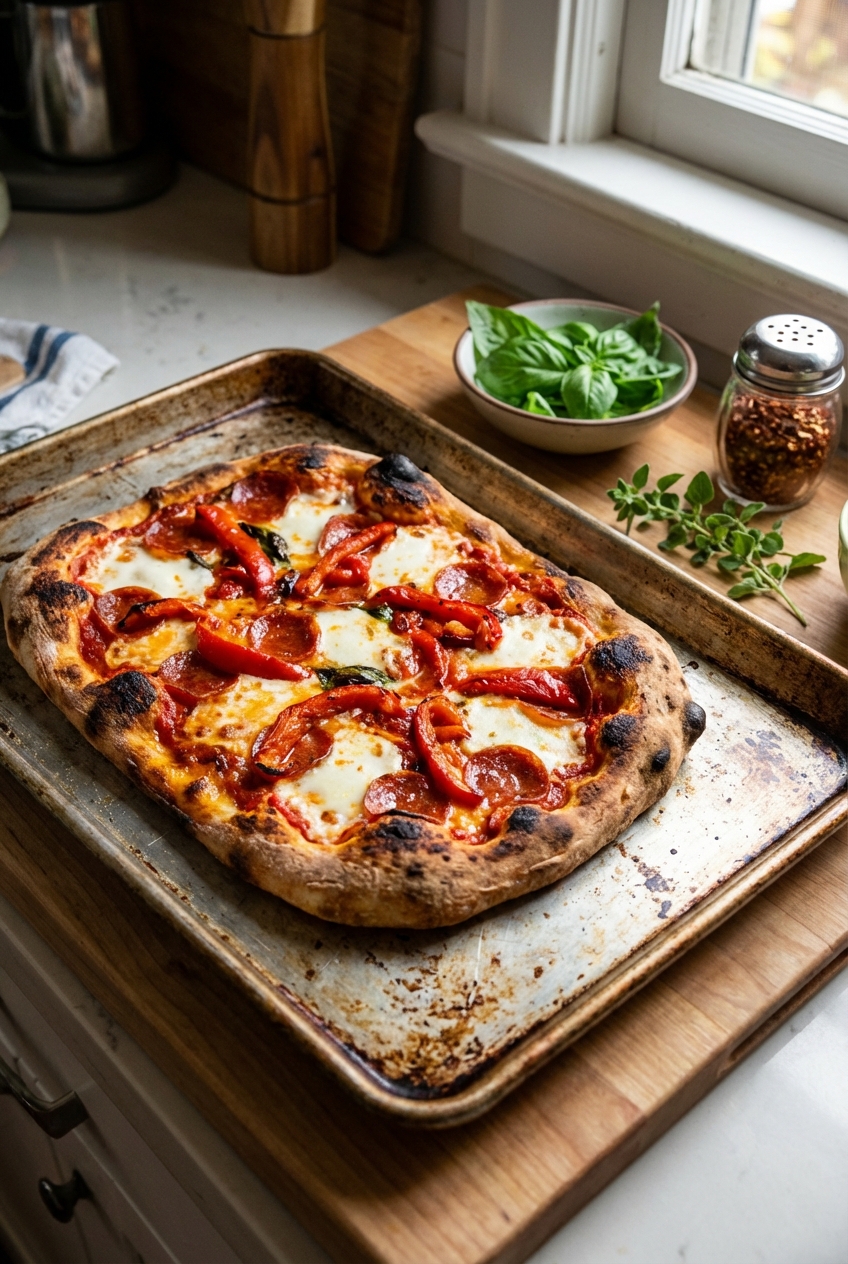 Rustic baked pizza on a sheet pan with blistered edges and herbs on the side