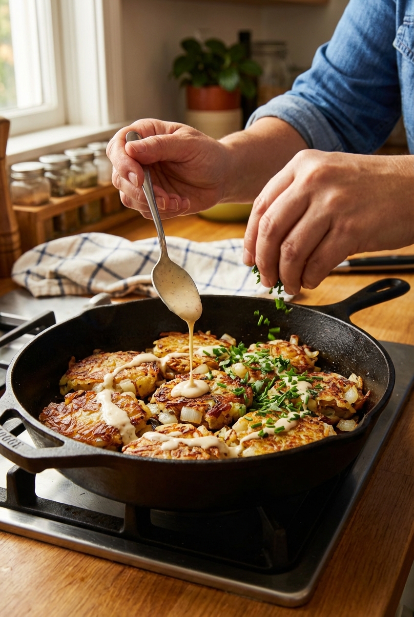 Rustic hashbrowns in a skillet being drizzled with a creamy tangy sauce and sprinkled with fresh herbs