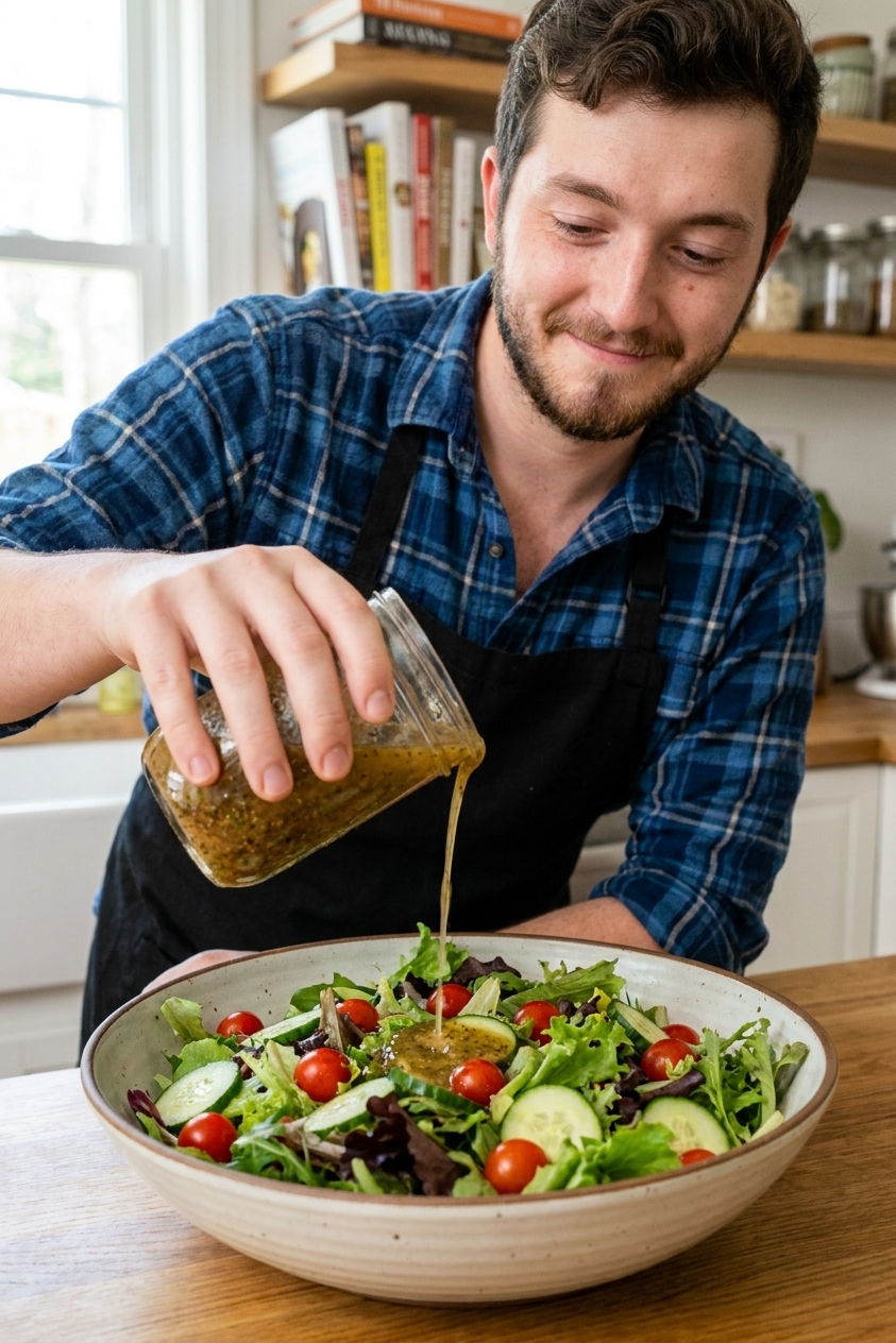 Rustic vinaigrette being poured from a small glass jar over a green salad in a large bowl, with visible herb flecks