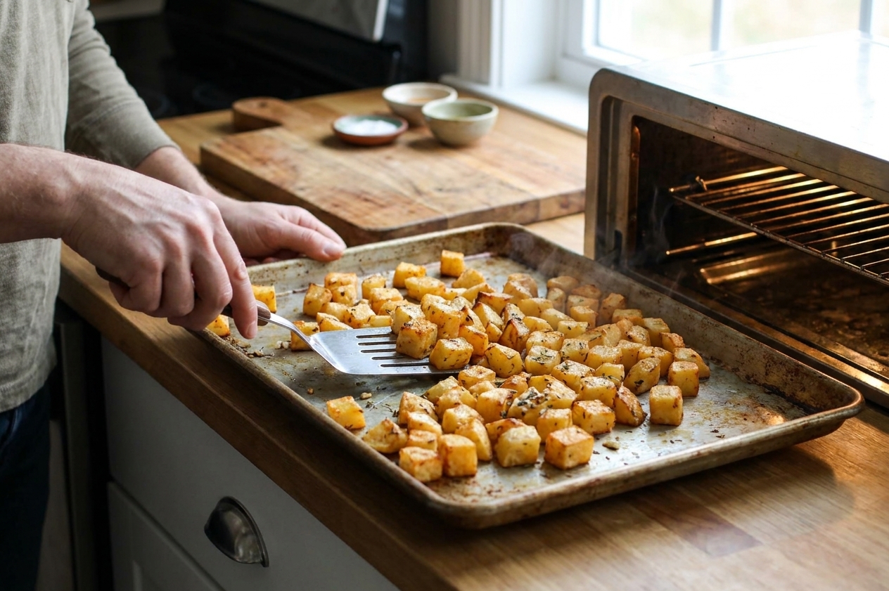 Rutabaga cubes roasting on a sheet pan halfway through cooking, being flipped with a metal spatula near an open oven