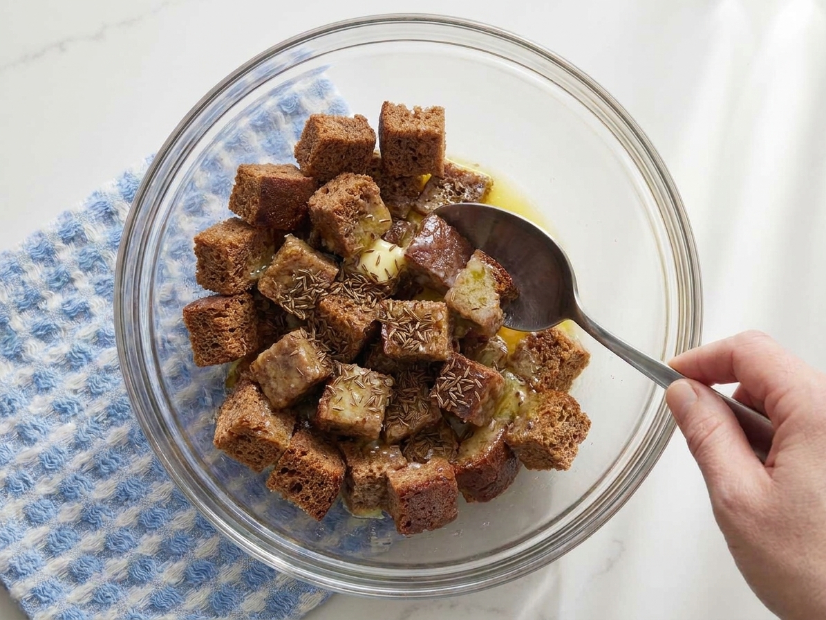 Rye bread cubes tossed with melted butter and caraway seeds in a mixing bowl