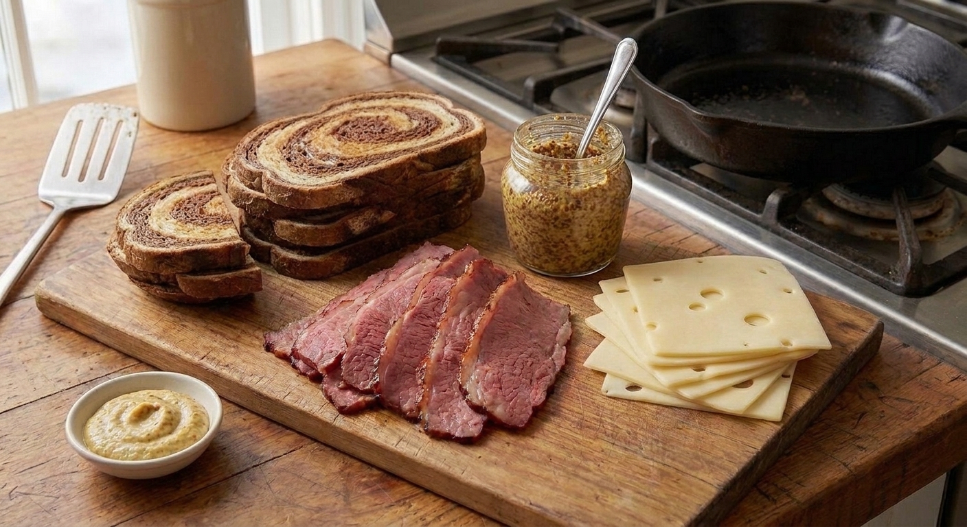 Rye bread slices, Swiss cheese, folded pastrami, and a jar of mustard laid out on a kitchen counter ready for sandwich prep