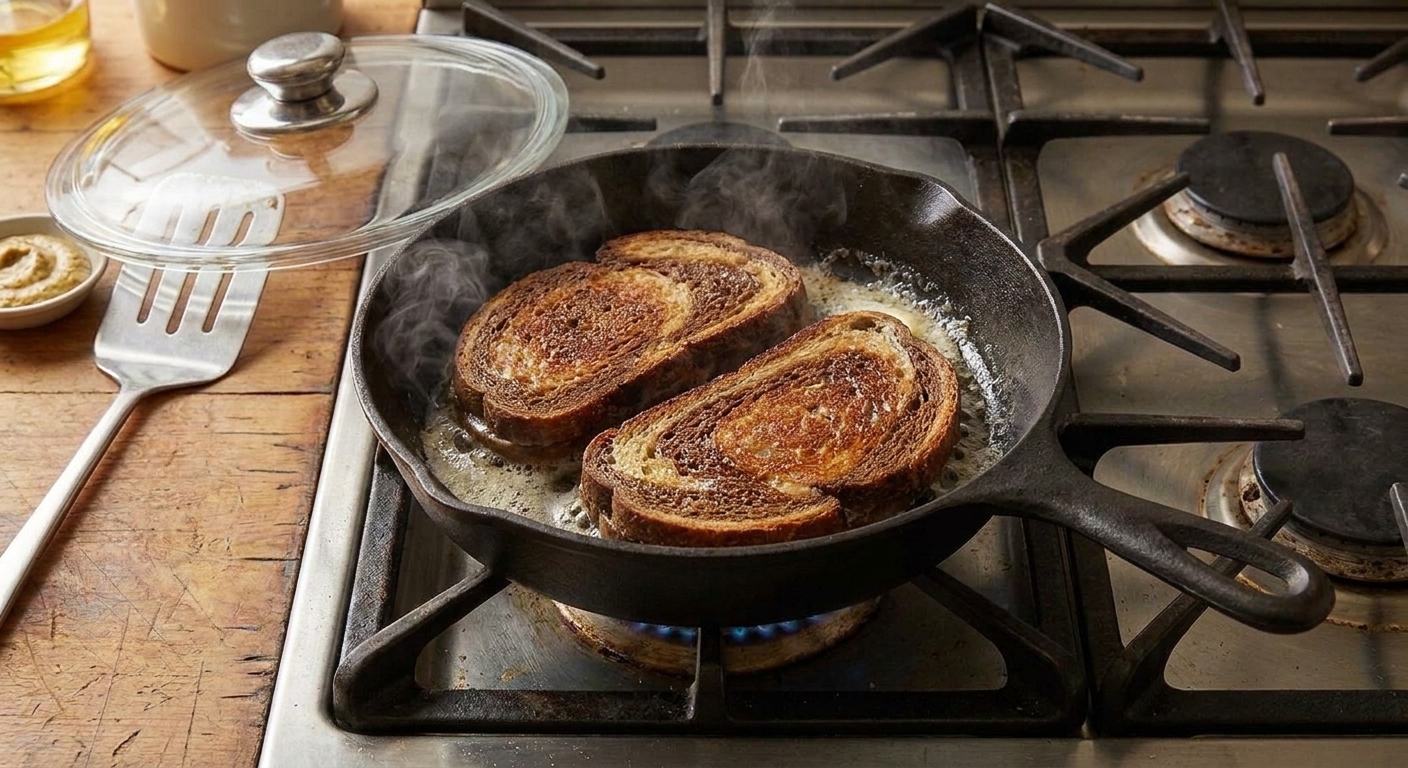 Rye bread slices browning in butter in a skillet on a stovetop
