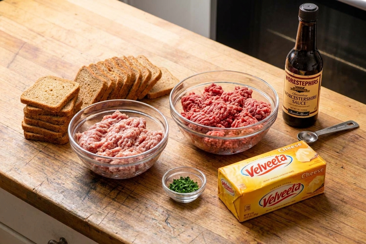Rye cocktail bread, ground sausage, ground beef, Velveeta, and Worcestershire sauce arranged on a clean kitchen counter with soft natural light