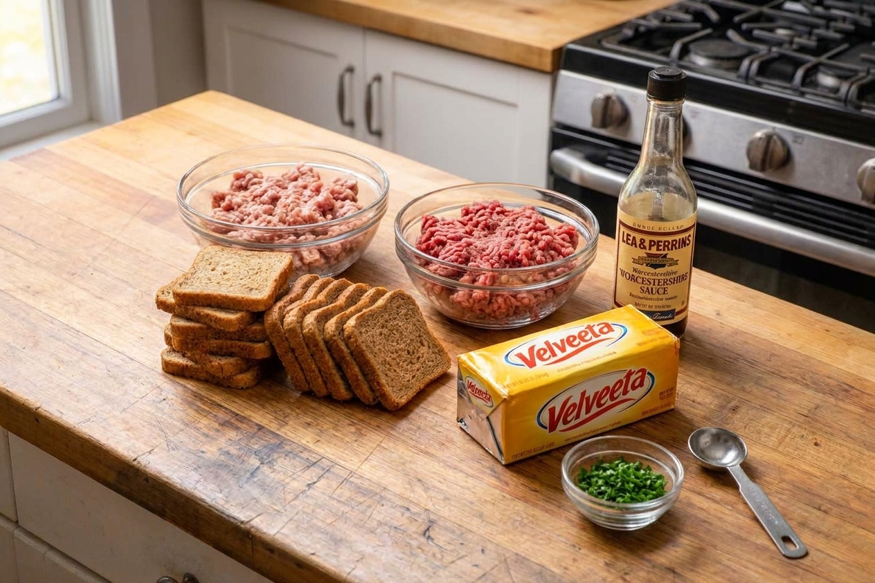 Rye cocktail bread, ground sausage, ground beef, Velveeta, and Worcestershire sauce arranged on a clean kitchen counter with soft natural light