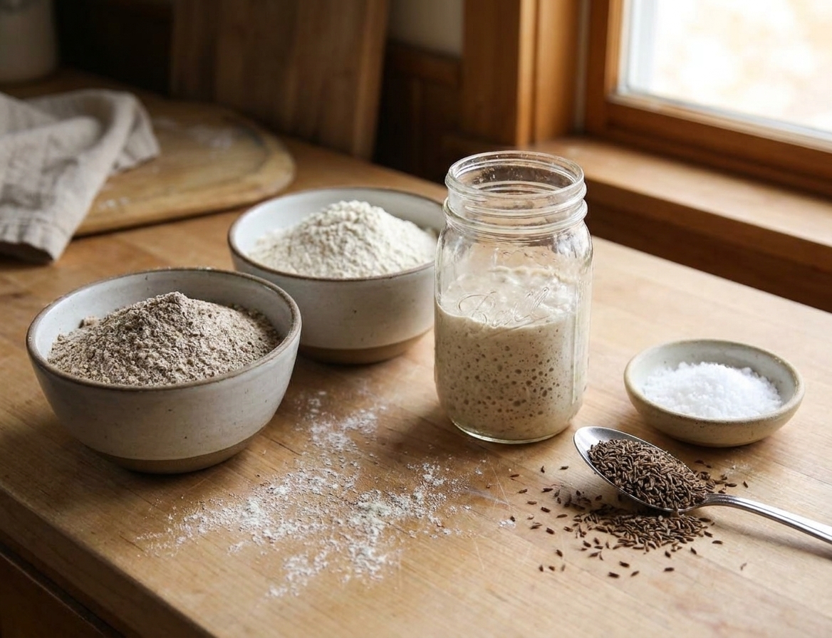 Rye flour and bread flour in ceramic bowls next to a jar of bubbly sourdough starter, a small bowl of salt, and a spoonful of caraway seeds on a clean kitchen counter