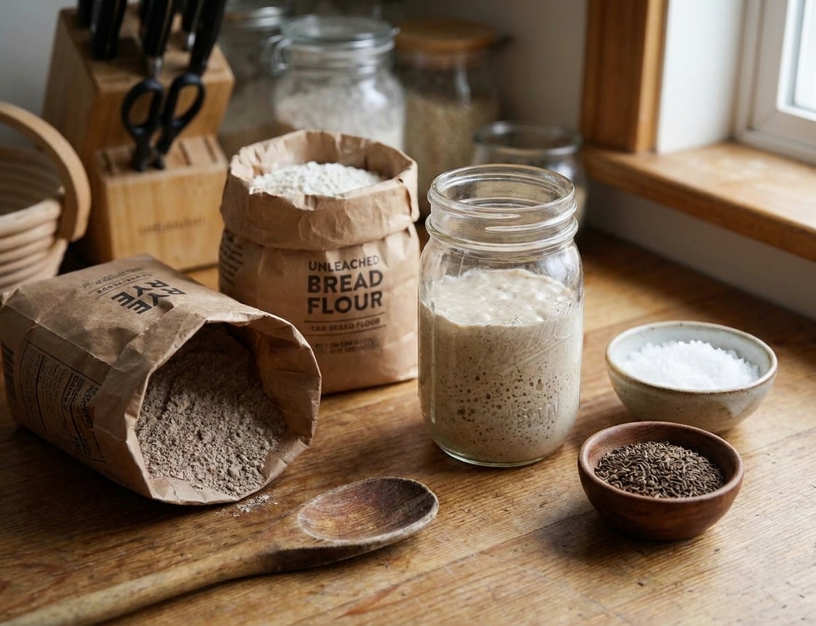 Rye flour, bread flour, a jar of bubbly sourdough starter, salt, and a small bowl of caraway seeds arranged on a clean kitchen counter