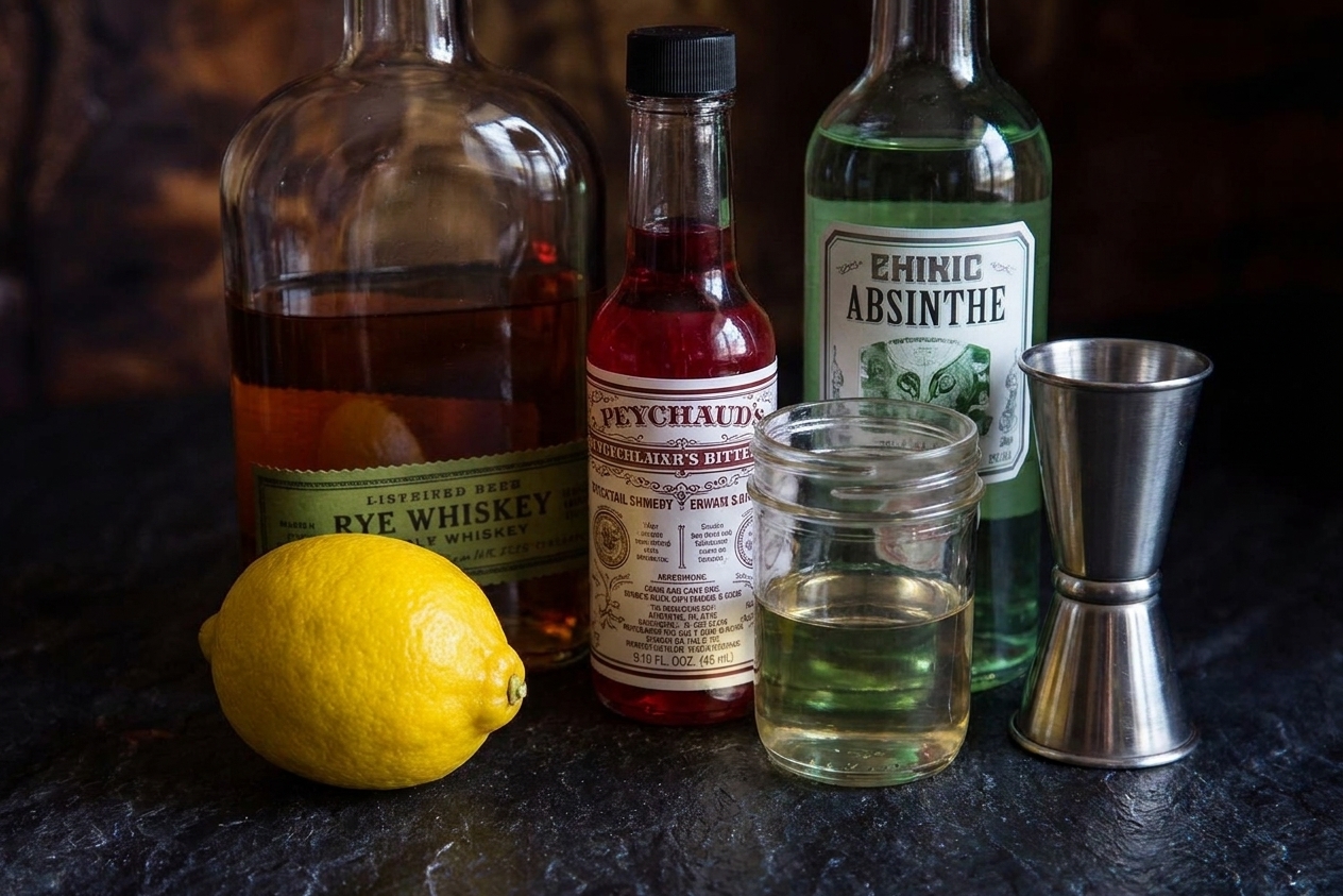 Rye whiskey, Peychaud’s bitters, absinthe, a jar of simple syrup, a lemon, and a jigger arranged on a clean kitchen counter