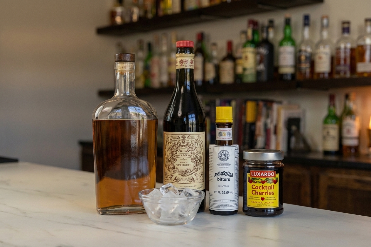 Rye whiskey bottle, sweet vermouth bottle, Angostura bitters, a jar of cocktail cherries, and a small bowl of ice arranged on a clean kitchen counter