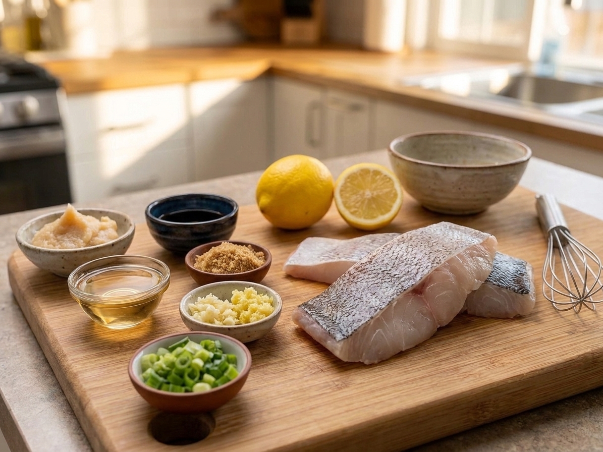 Sablefish fillets, white miso, soy sauce, mirin, brown sugar, ginger, garlic, scallions, and a lemon arranged on a clean kitchen counter in warm natural light