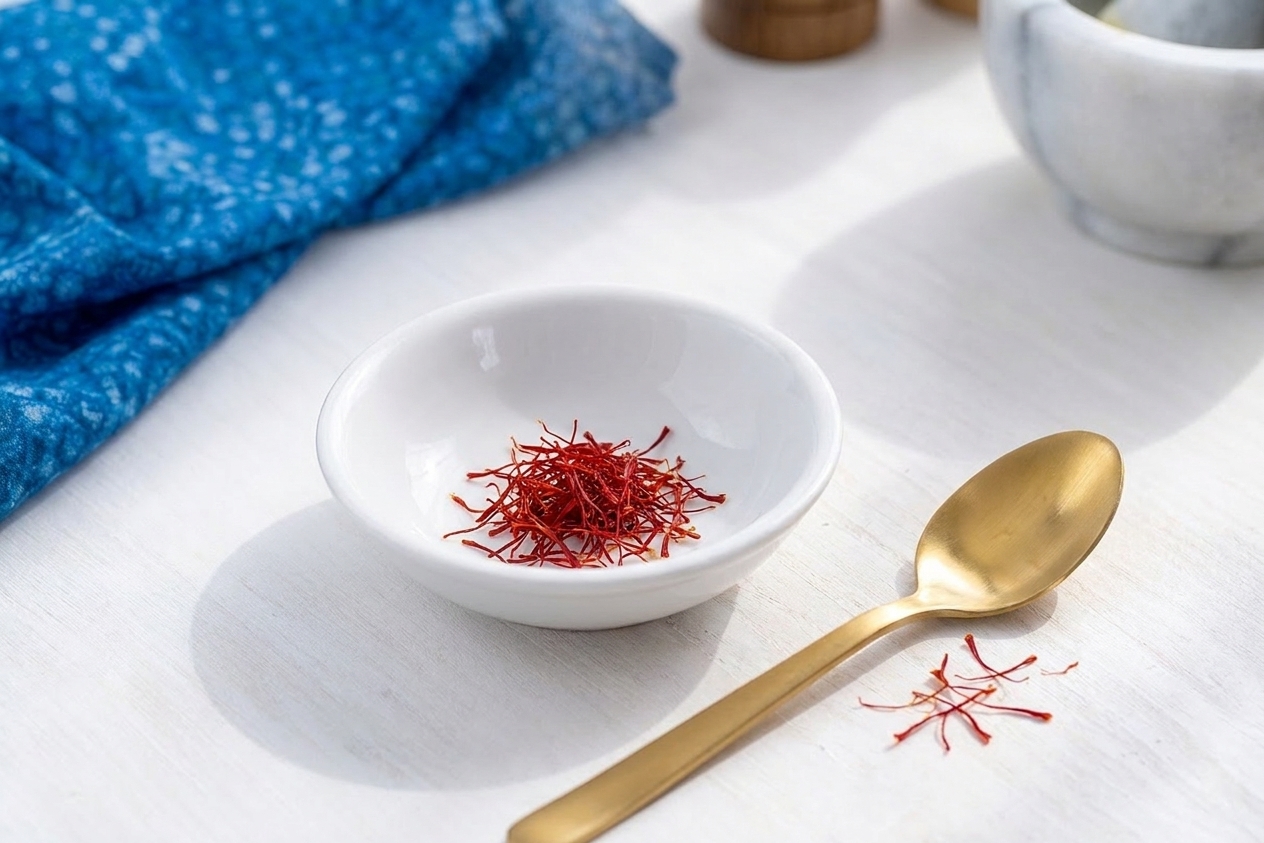 Saffron threads in a small ceramic bowl next to a teaspoon on a kitchen counter in natural light