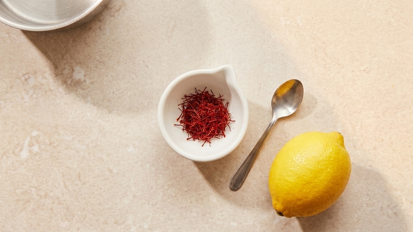Saffron threads in a small white pinch bowl on a light stone countertop next to a spoon and a lemon, warm kitchen lighting