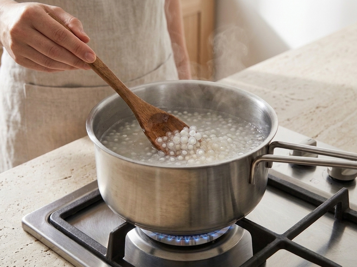 Sago pearls simmering in a pot of water as they turn translucent while being stirred