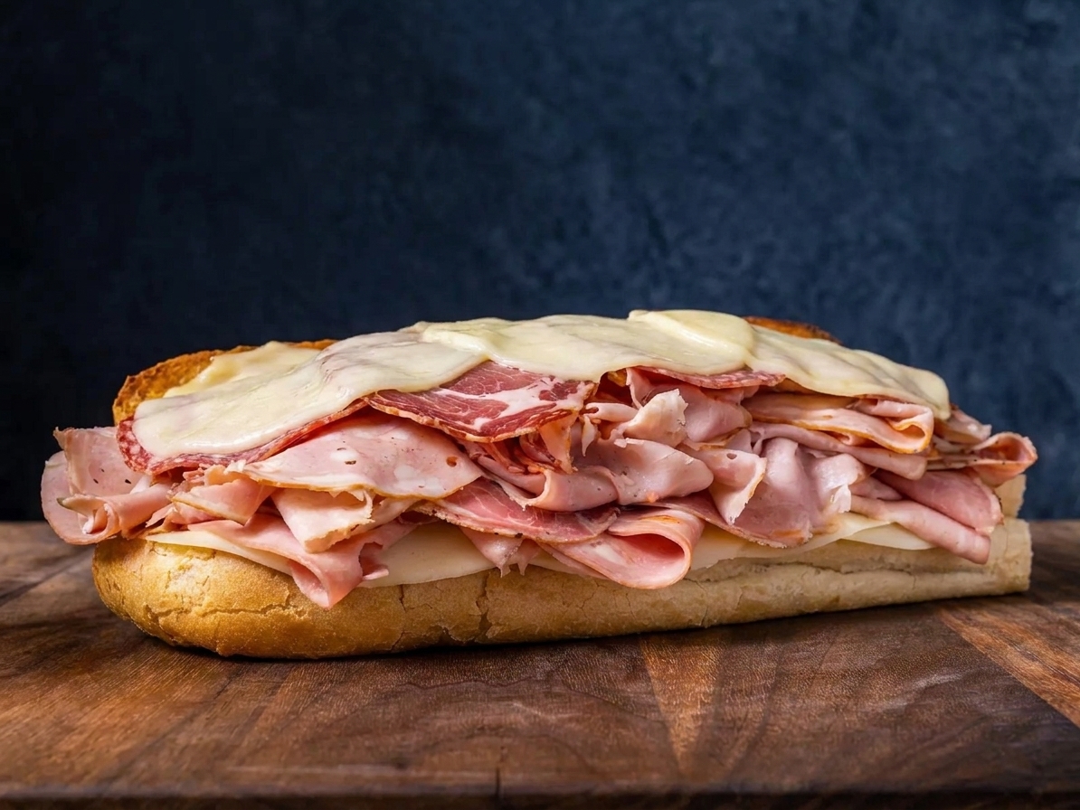 Salami, capicola, and mortadella folded and layered on a sub roll with provolone cheese