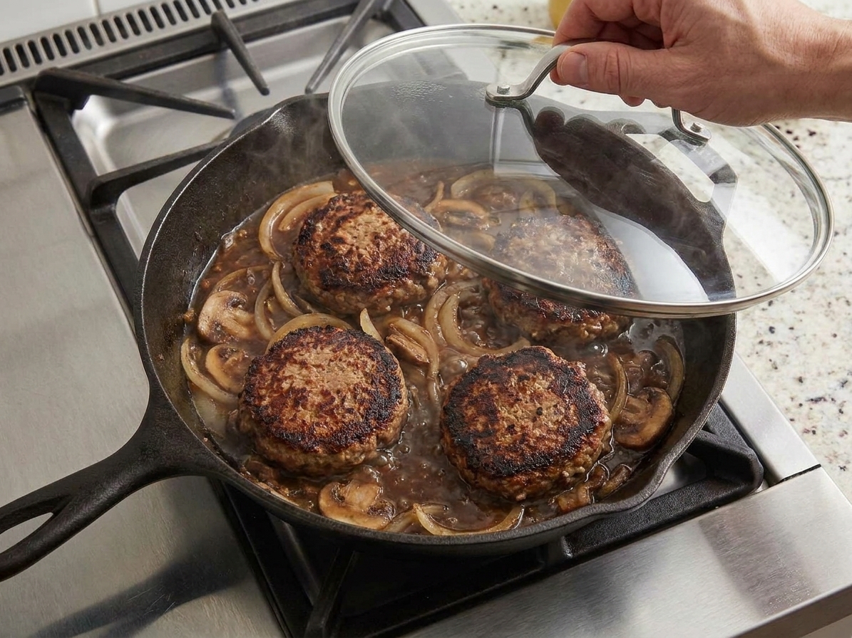 Salisbury steak patties simmering in onion mushroom gravy in a covered skillet on a stovetop